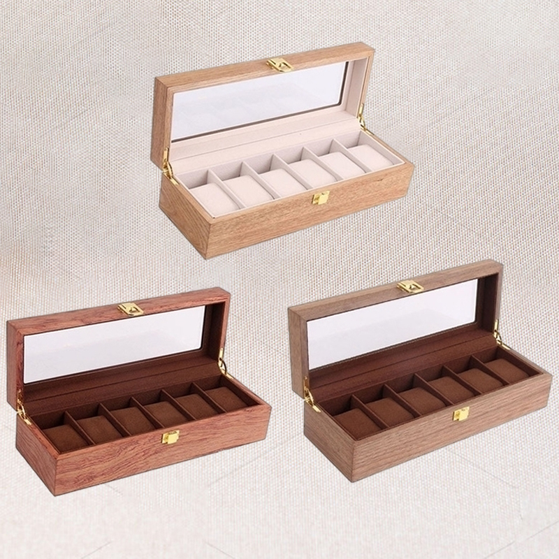 Wooden Watch Box Case Organizer Display for Men Women 6 Slots Wood with Clear Glass Top Vintage Style 2204299351684