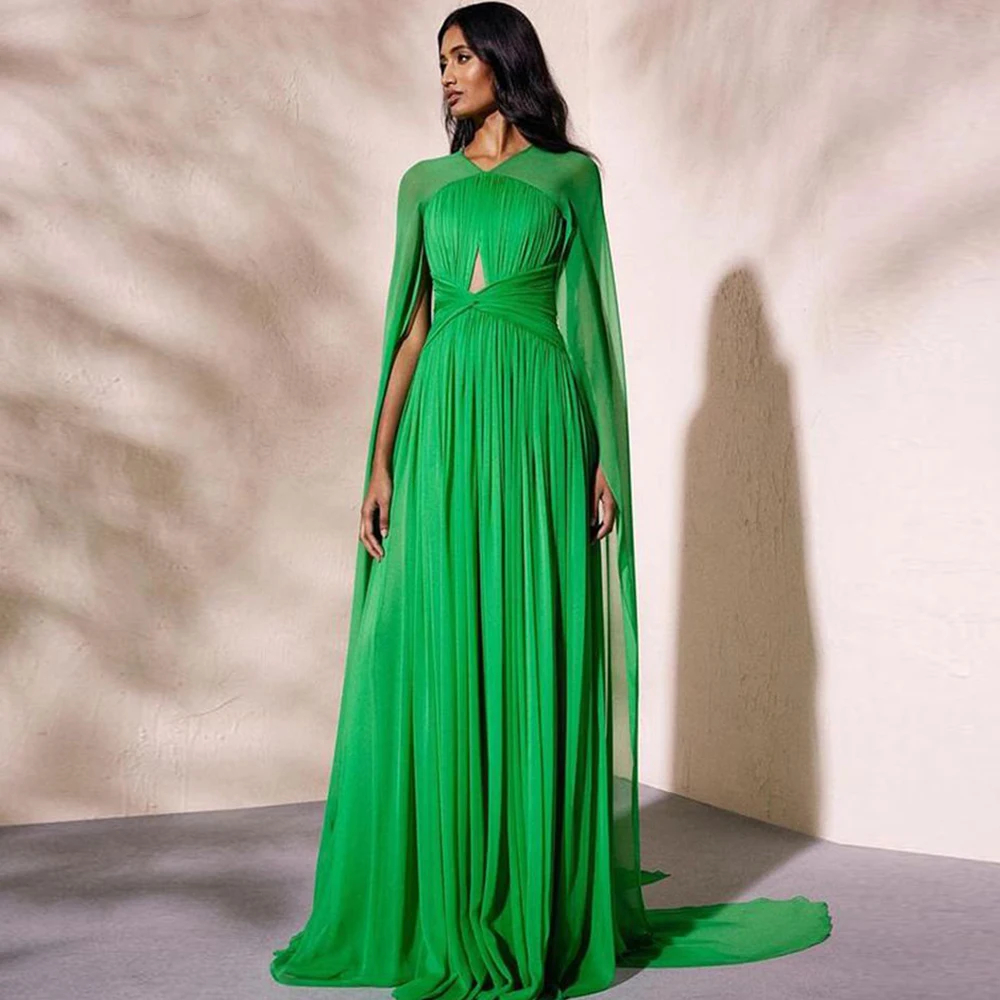 Chiffon Green A Elegant E Evening Dresses With Cape Pleats Simple Modern Dubai Prom Dress For Women Long Special Ocn Gown