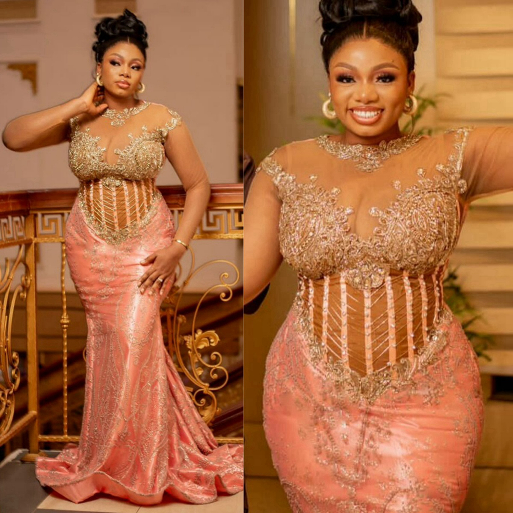 Waterlemon Plus Size Aso Ebi Prom Sheer Neck Long Sleeves Mermaid Beaded Lace Evening Dresses For African Nigeria Balck Women Second Reception Gowns S