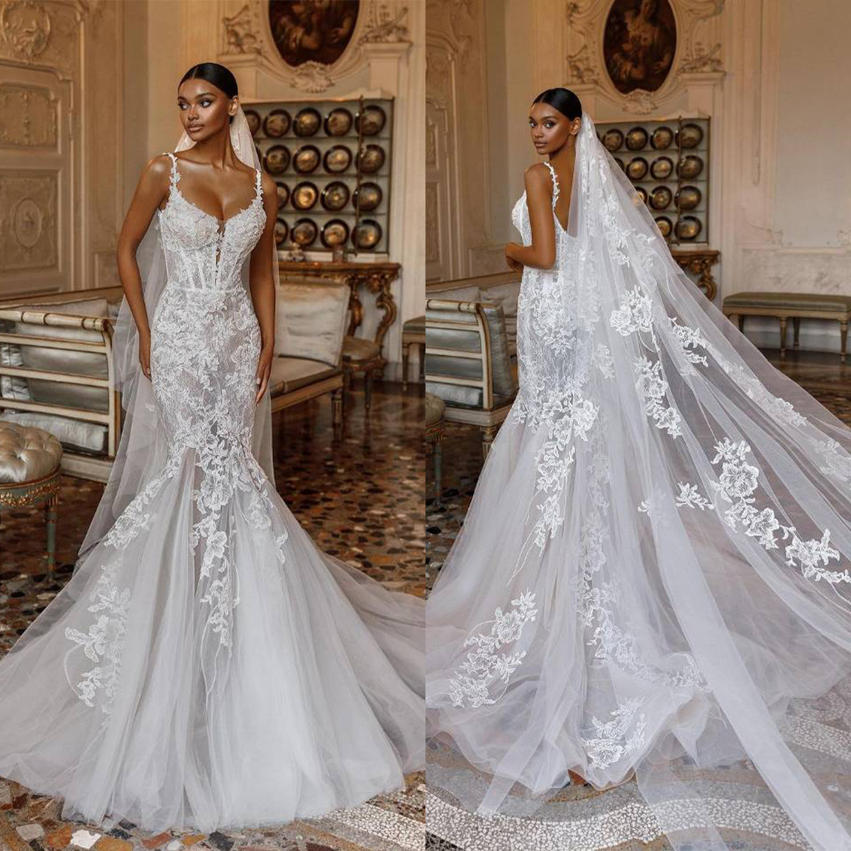 Simple Lace Mermaid Wedding Dresses Appliques Bridal Gowns Spaghetti Straps Sweetheart Neck See Through Backless Sweep Train Robe 0219