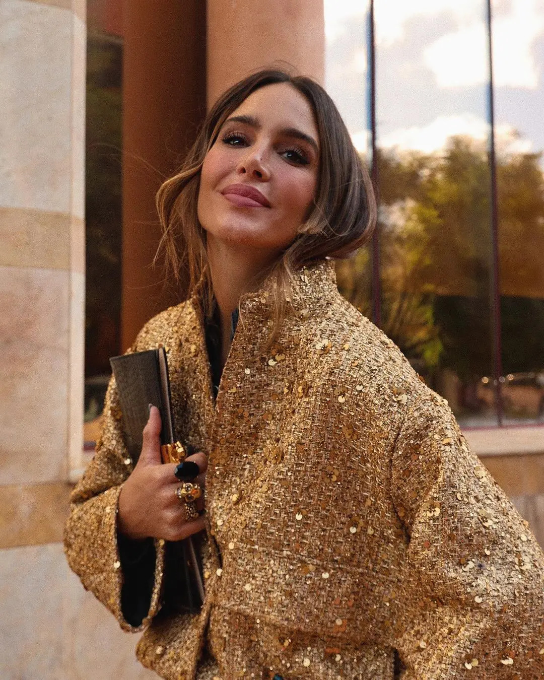 Metal Color Sequin Woven Jacket For Women Loose Stand Collar Long Sleeve Coat Gold Autumn Winter Chic Female Outwear 240110