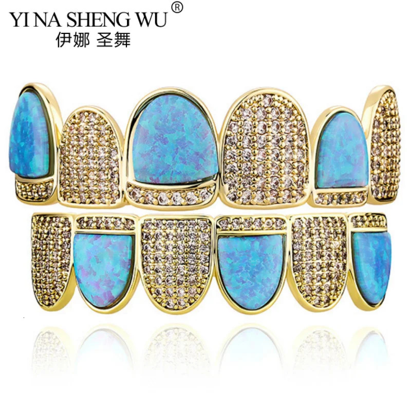 Sky Blue Opal Crystal Teeth For Men Women's Body Jewelry Set Zircon Accessories Hip Hop Dental Grills Piercing Halloween 240109
