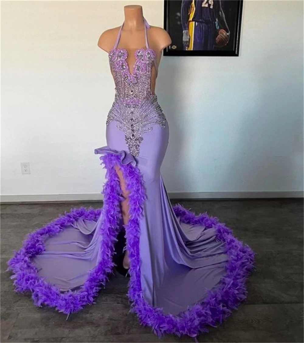 Purple Feathers 2024 Train Halter Prom for Black Girls Sexy Mermaid Glitter Evening Gowns African Birthday Party Dress 322