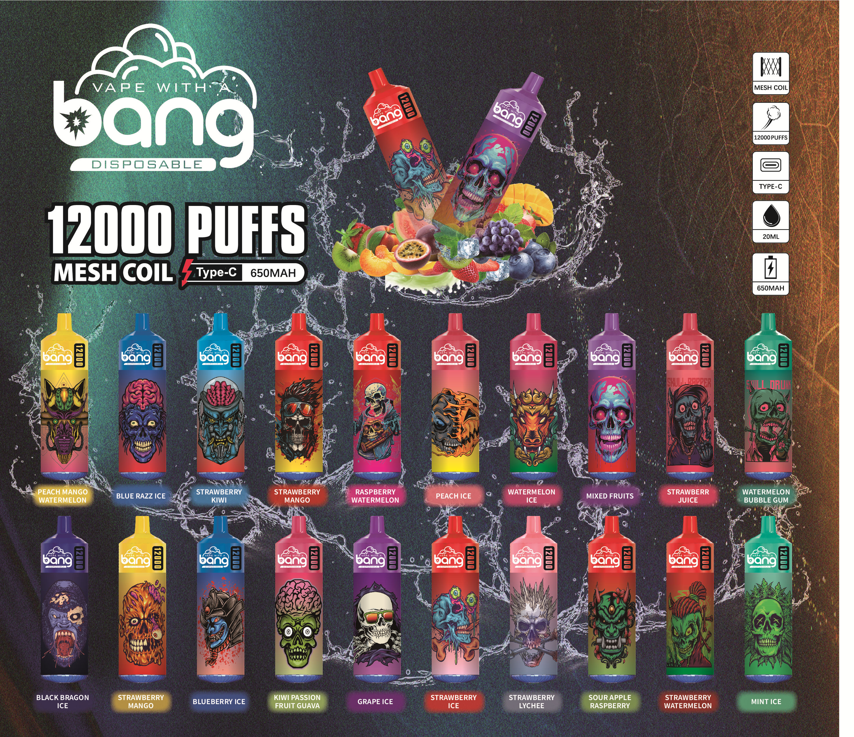 Original bang 12000 puff Disposable E cigarettes Vape Pen With Airflow Control Rechargeable 650mAh Battery 12K puffs Mesh Coil 20ml Prefilled Pod