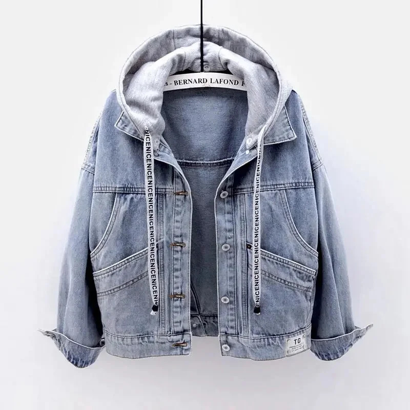 Blue Deconstructable Hooded Turndown Collar Denim Jacket Women Loose Button Patchwork Outwear Jean Coat Female 240109