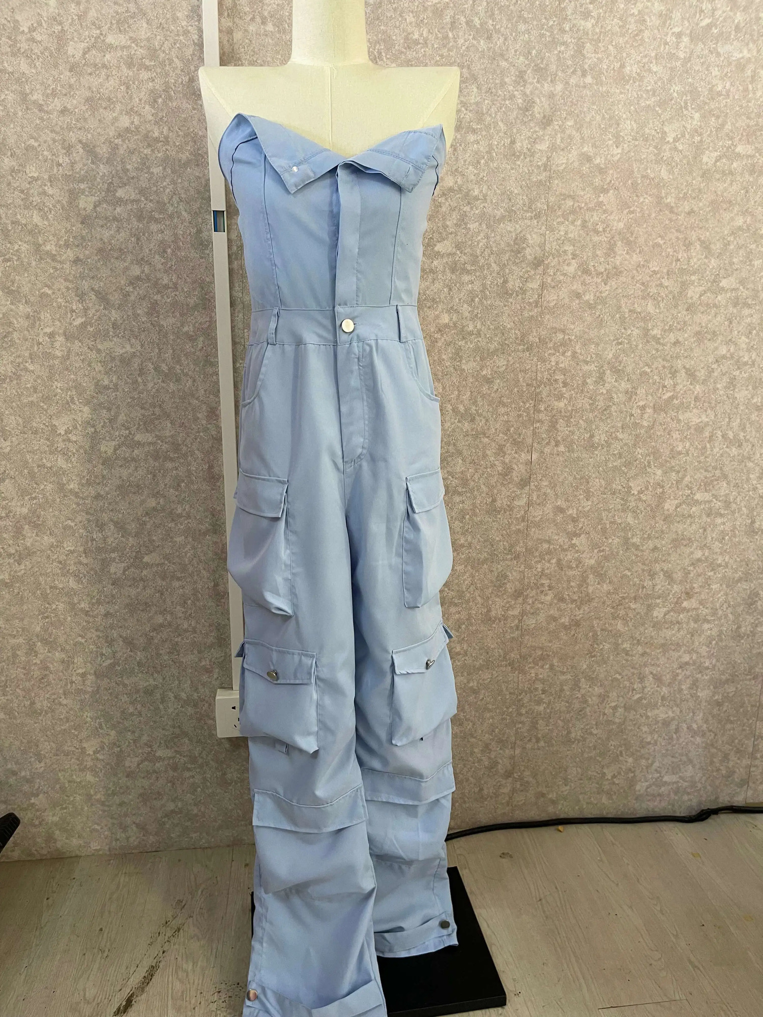 CMYAYA Fashion Women Strapless Button Front Ruched Cargo Jumpsuit Autumn Sexy Party Street Playsuit Suit Romper 240109