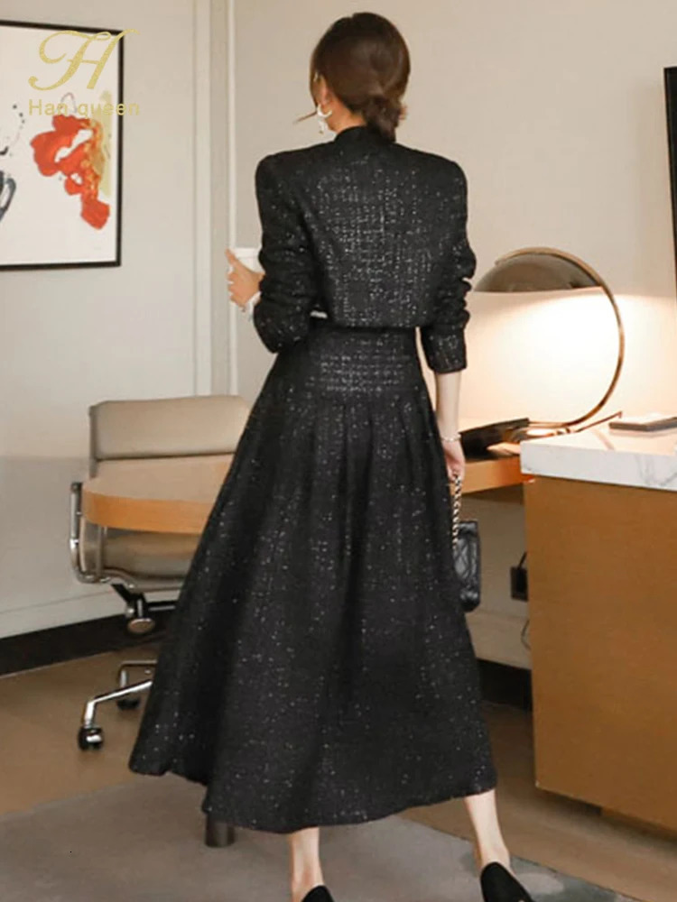 H Han Queen Winter Korean Careers Woman 2 Pieces Set Tweed Short Jacket Vintage A-Line Skirt Korean Simple Skirt Suit 240109