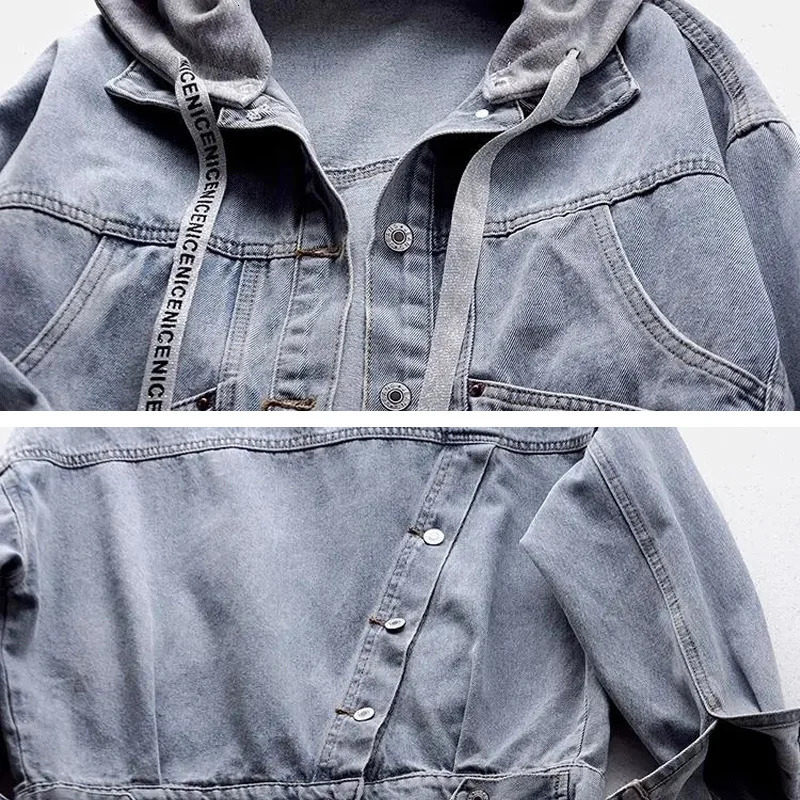 Blue Deconstructable Hooded Turndown Collar Denim Jacket Women Loose Button Patchwork Outwear Jean Coat Female 240109