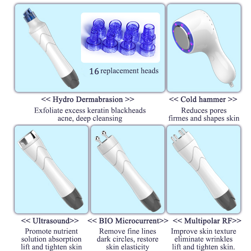 Hydro therapy microdermabrasion collagen ultrasound peel rf face beauty massage cold hammer galvanic facial machine 5 handle