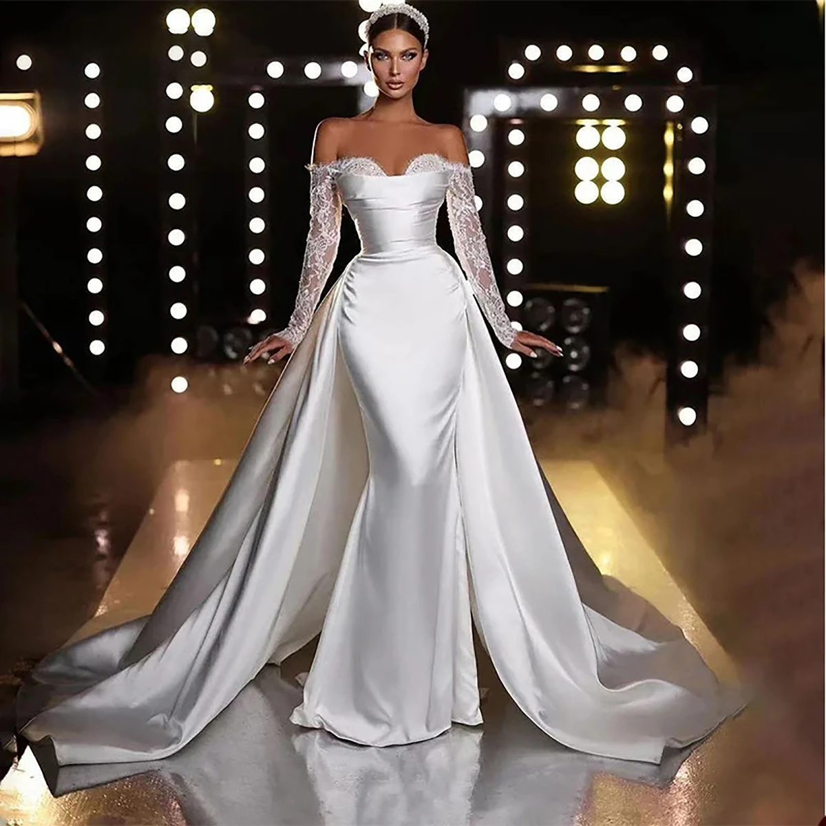 ful Off Shoulder Mermaid Wedding Dresses Detachable Bridal Gowns Long Sleeves Backless Satin Sweep Train Robe