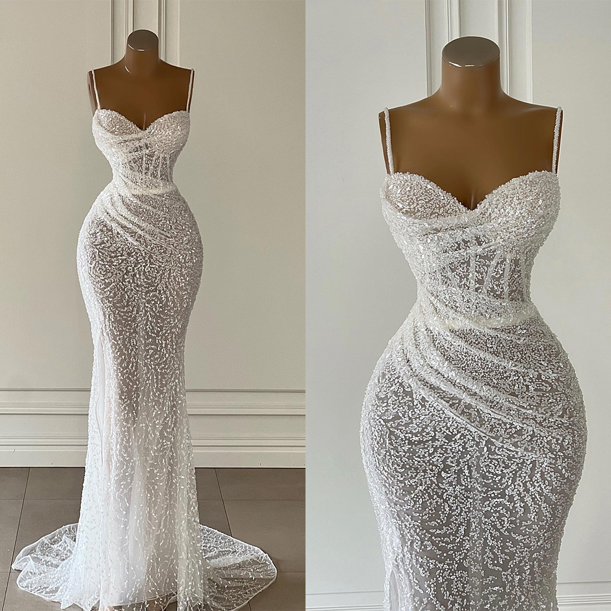 See Through Mermaid Wedding Dresses Spaghetti Straps Bridal Gowns Sequined Beading Illusion Sweep Train Robe Bride Dress Free shipping Free