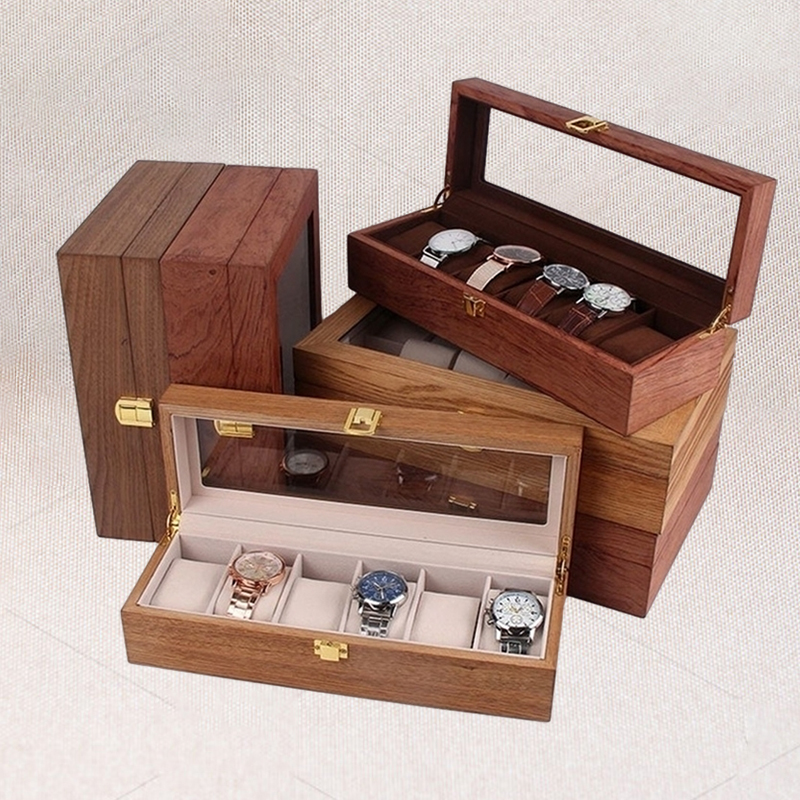 Wooden Watch Box Case Organizer Display for Men Women 6 Slots Wood with Clear Glass Top Vintage Style 2204299351684