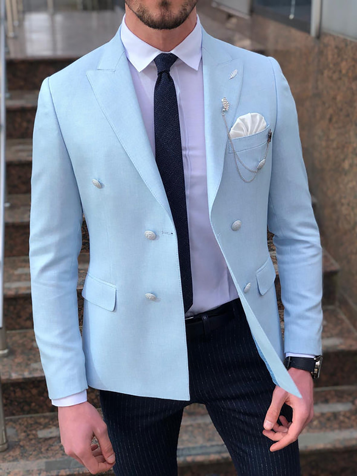 Summer Light Blue Mens Jacket Double Breasted Peaked Lapel Groom Blazer Party Birthday Wear One Piece