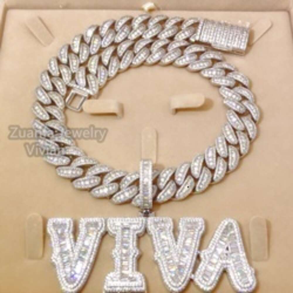 Hip Hop Bling Jewelry Iced Out Moissanite Sterling Silver Cuban Link Chain Custom Name Letter Pendant Necklace