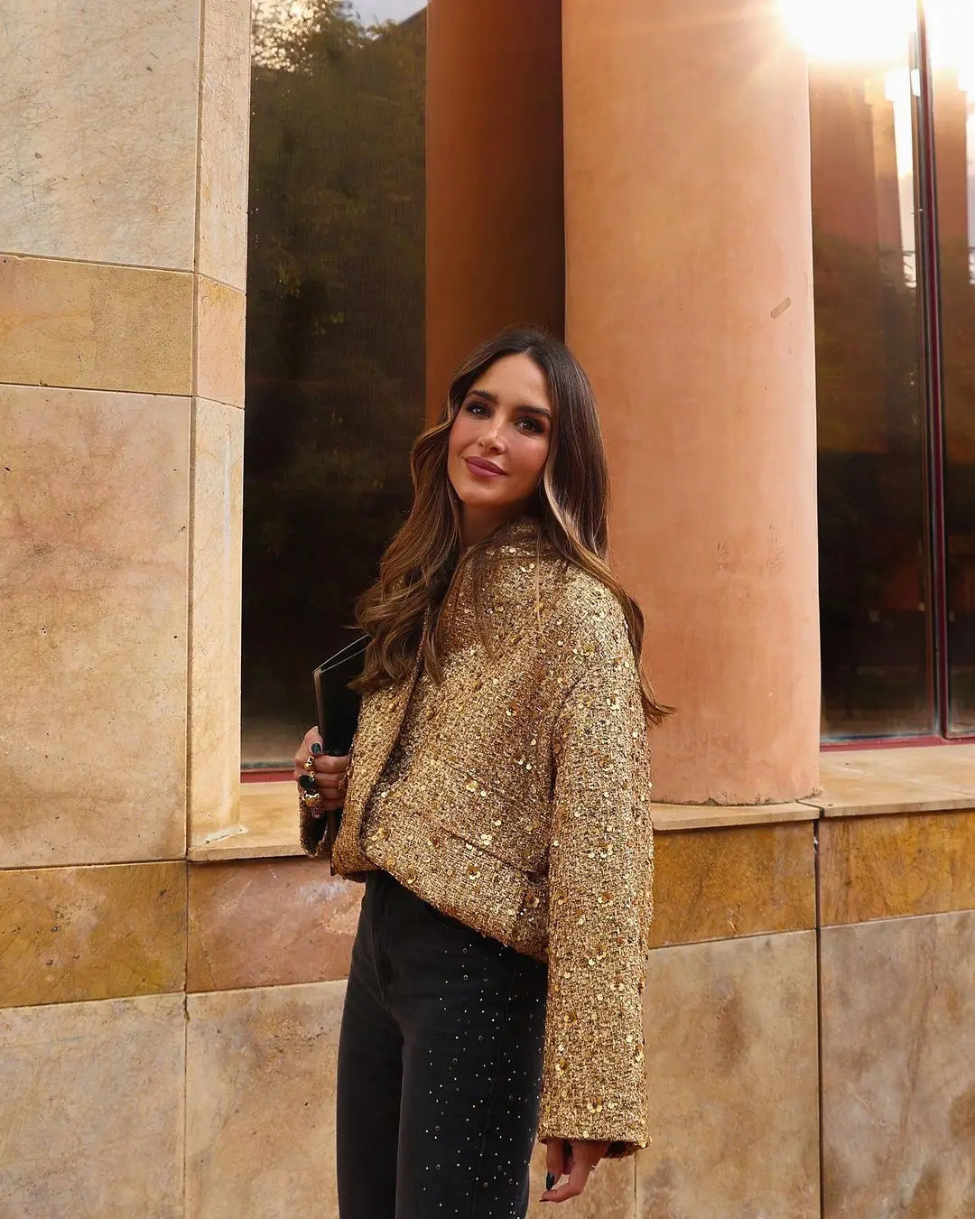 Metal Color Sequin Woven Jacket For Women Loose Stand Collar Long Sleeve Coat Gold Autumn Winter Chic Female Outwear 240110