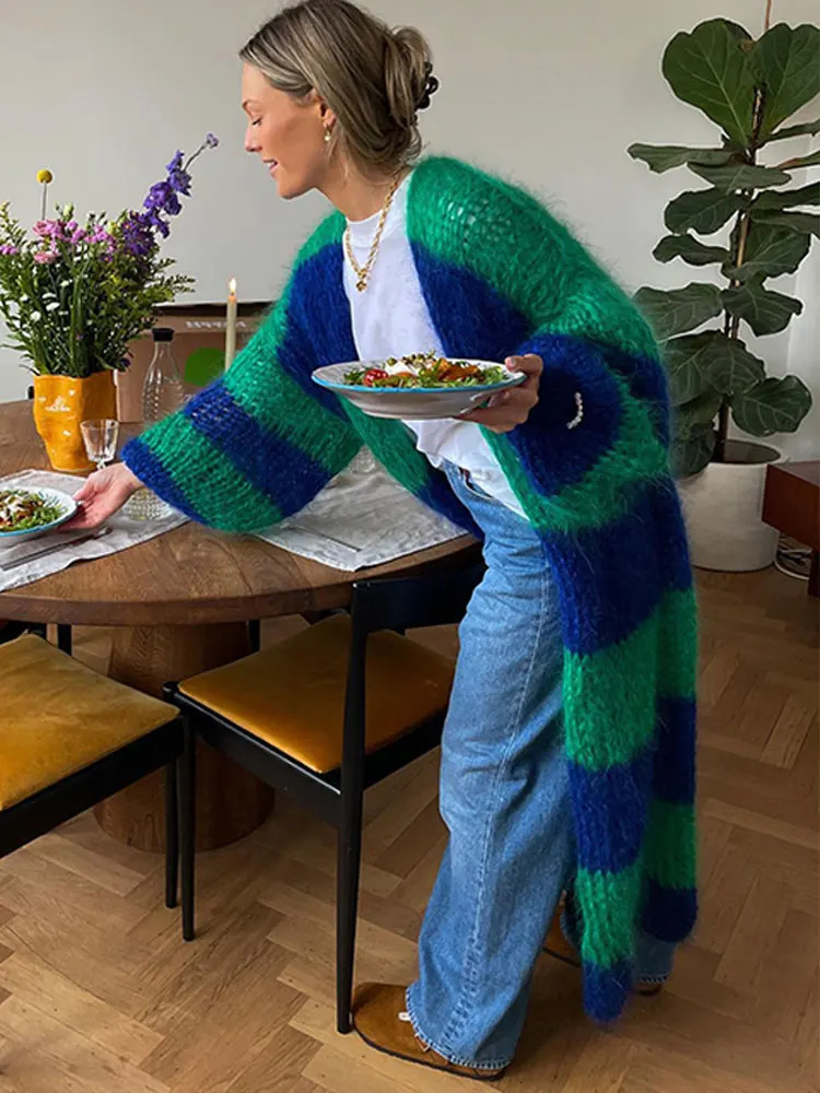 Fashion Stripe Long Cardigan Sweater Women Lantern Long Sleeve Loose Oversize Knitted Coats Autumn Lady Chic Streetwear 240110