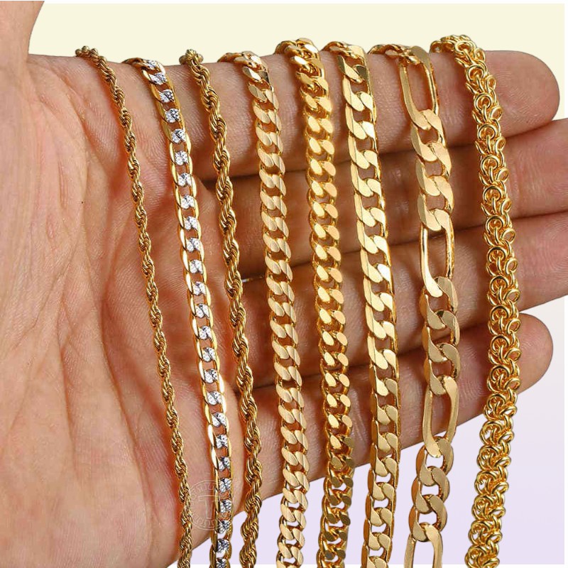 Gold Chain For Men Women Wheat Figaro Rope Cuban Link Chain Gold Filled Stainless Steel Necklaces Male Jewelry Gift Whole