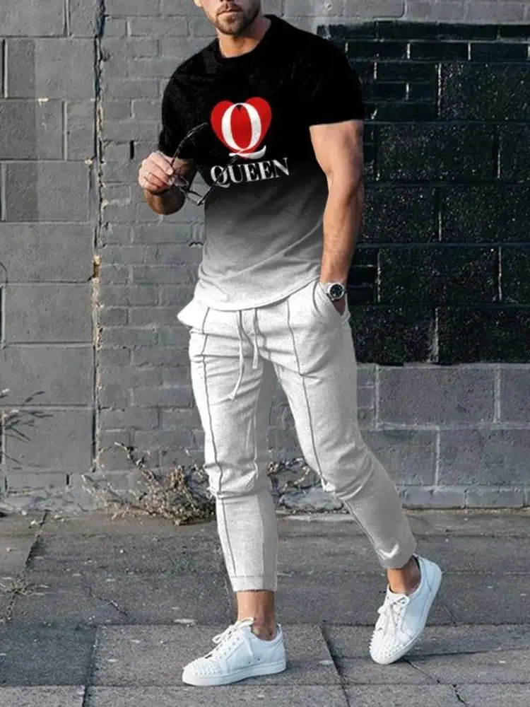 Men's Trousers Tracksuit 2 Piece Set Fashion Sportswear Summer Streetwear Short Sleeve T ShirtLong Pants Male Clothing 240110