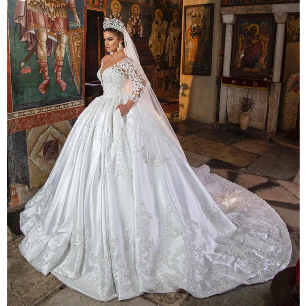 White Deep V-Neck Lace Satin Long Sleeve Wedding Ball Dress Sequin Pearl Beaded Or-Length Train Noble Lady Bridal Gown YD 0218