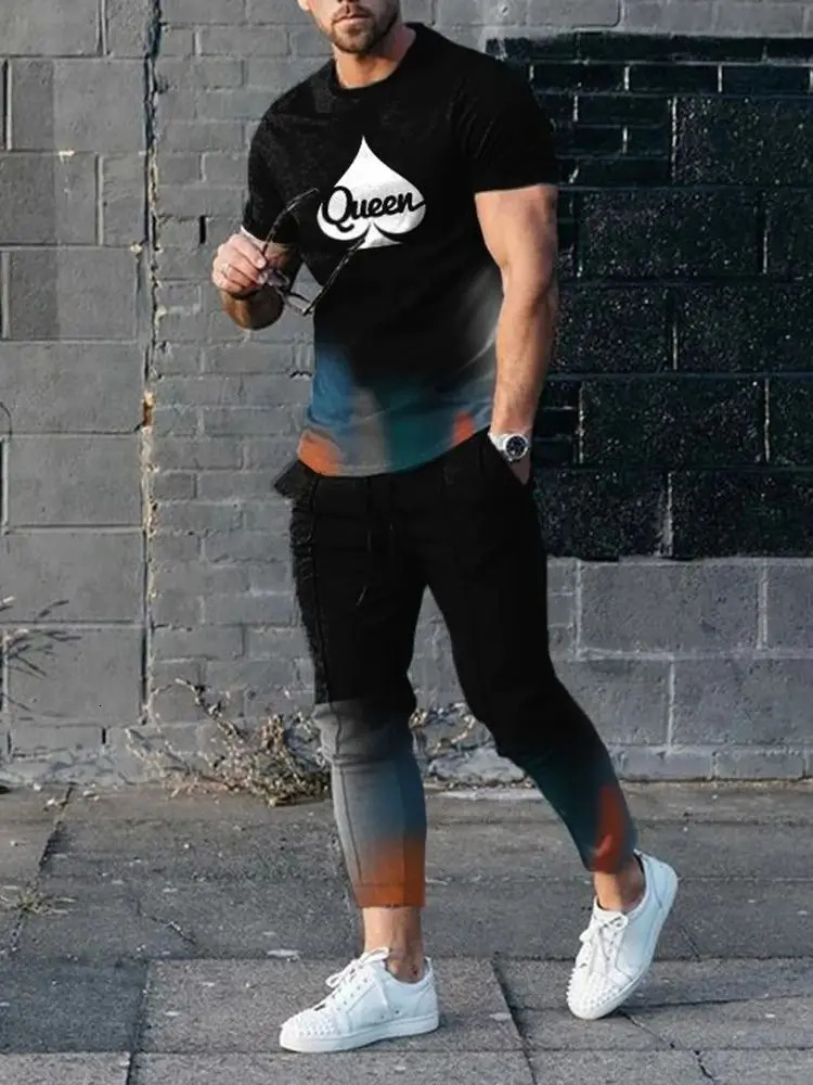 Men's Trousers Tracksuit 2 Piece Set Fashion Sportswear Summer Streetwear Short Sleeve T ShirtLong Pants Male Clothing 240110