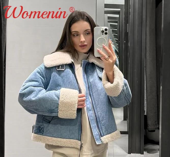 Lapel Lambs Wool Denim Women Cropped Jacket Casual Thicken Long Sleeve Zipper Coat Autumn 2023 Fashion Vintage Fleece Lady Top 240109