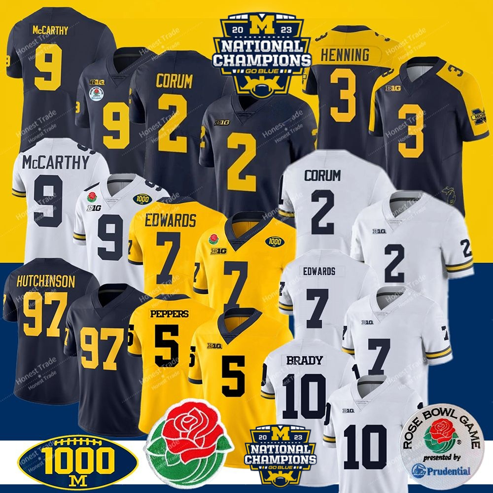 Michigan Wolverines Football Jerseys 2 Blake Corum 9 J.J. McCarthy 7 donovan edwards 97 Aidan Hutchinson 10 Tom Brady 2024 Rose Champs patches Custom Men Kids