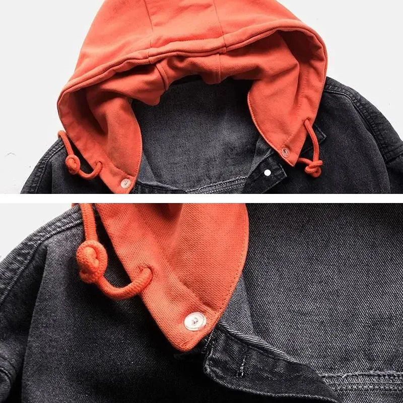 Blue Deconstructable Hooded Turndown Collar Denim Jacket Women Loose Button Patchwork Outwear Jean Coat Female 240109