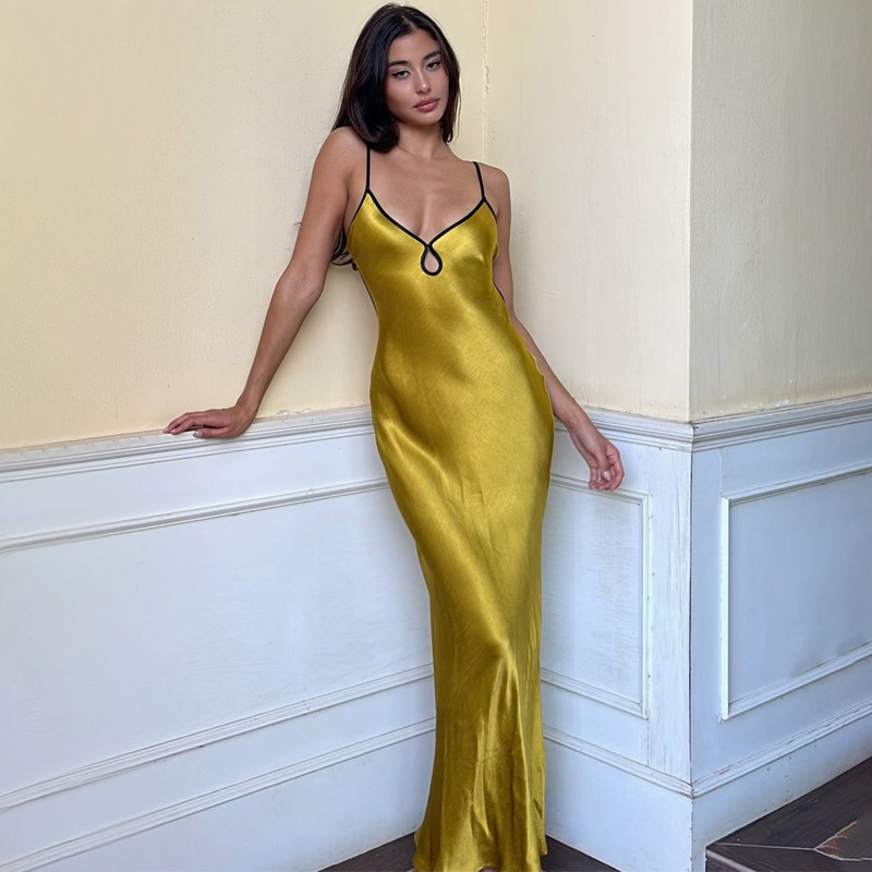 Casual Dresses Crystal Satin Maxi Dress Hollow Out Backless Women's 2023 Autumn And Winter Pure Color Sexy Fishtail Female Clothes Vestid