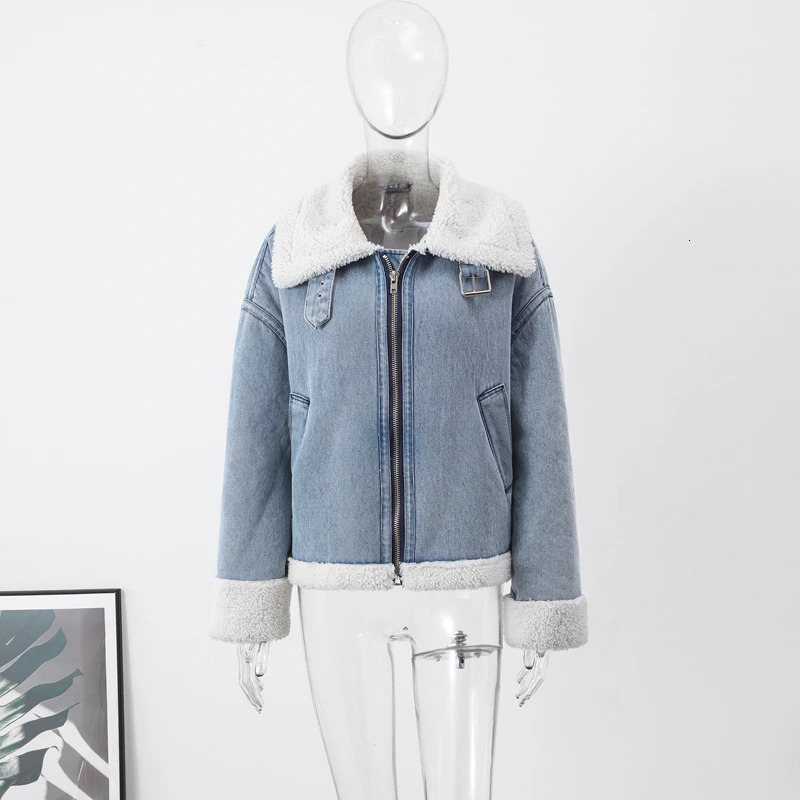 Lapel Lambs Wool Denim Women Cropped Jacket Casual Thicken Long Sleeve Zipper Coat Autumn 2023 Fashion Vintage Fleece Lady Top 240109