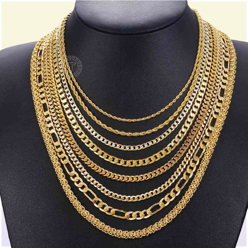 Gold Chain For Men Women Wheat Figaro Rope Cuban Link Chain Gold Filled Stainless Steel Necklaces Male Jewelry Gift Whole
