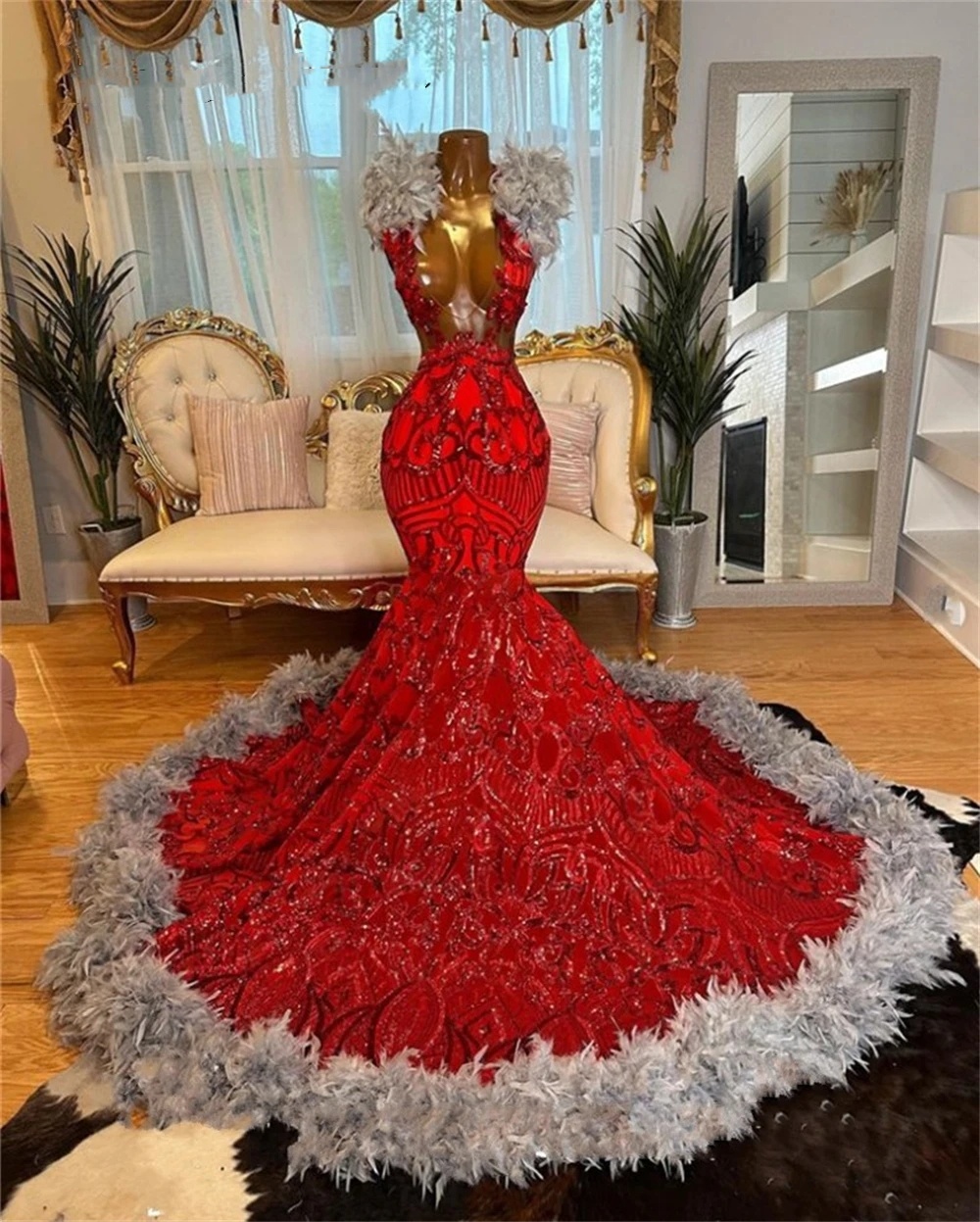 Lace Red Grey Sequined Feather Prom Dresses 2024 for Birthday Party Mermaid Black Girls Evening Gowns Vestidos