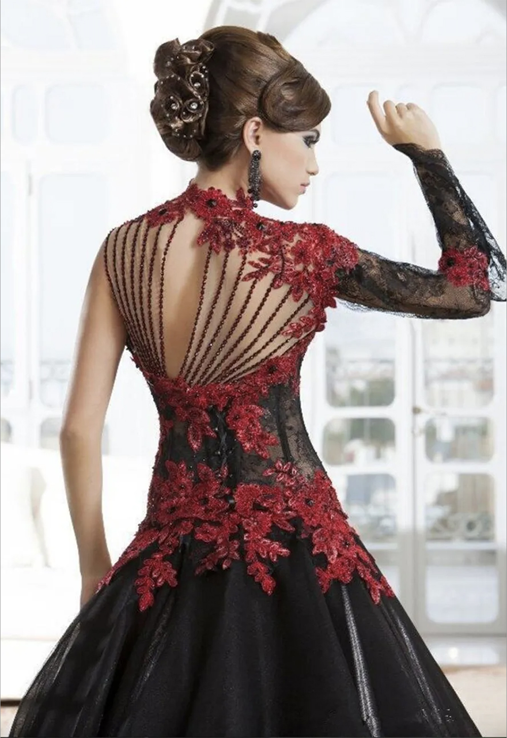Masquerade Victorian High Neck Red And Black A Line Lace Appliques Gothic Bridal Dresses Beading Back Wedding Gowns