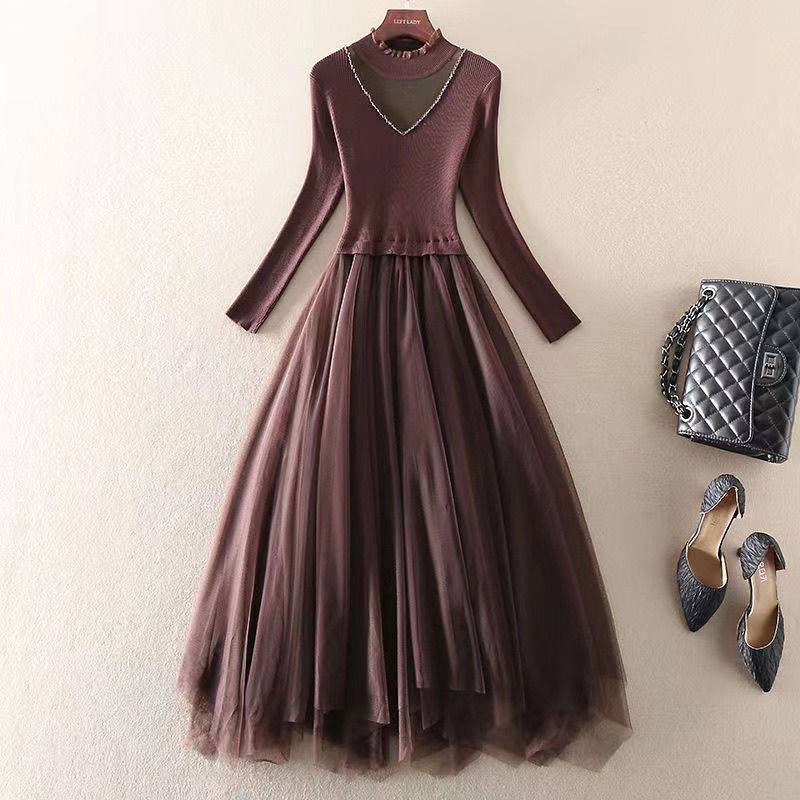 Neploe Elegant Lace Patchwork Mesh Dress Women High Waist Hip A Line Vestidos Winter New Pullover Long Sleeve Robe Femme 210423