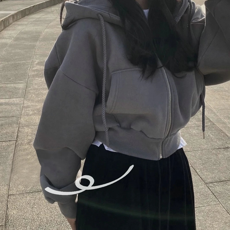 Korea Women Hoodies Autumn Retro Solid Color Zip Up Oversized Sweatshirts Harajuku Korean Version Long Sleeve Hooded Jacket Coat 240110