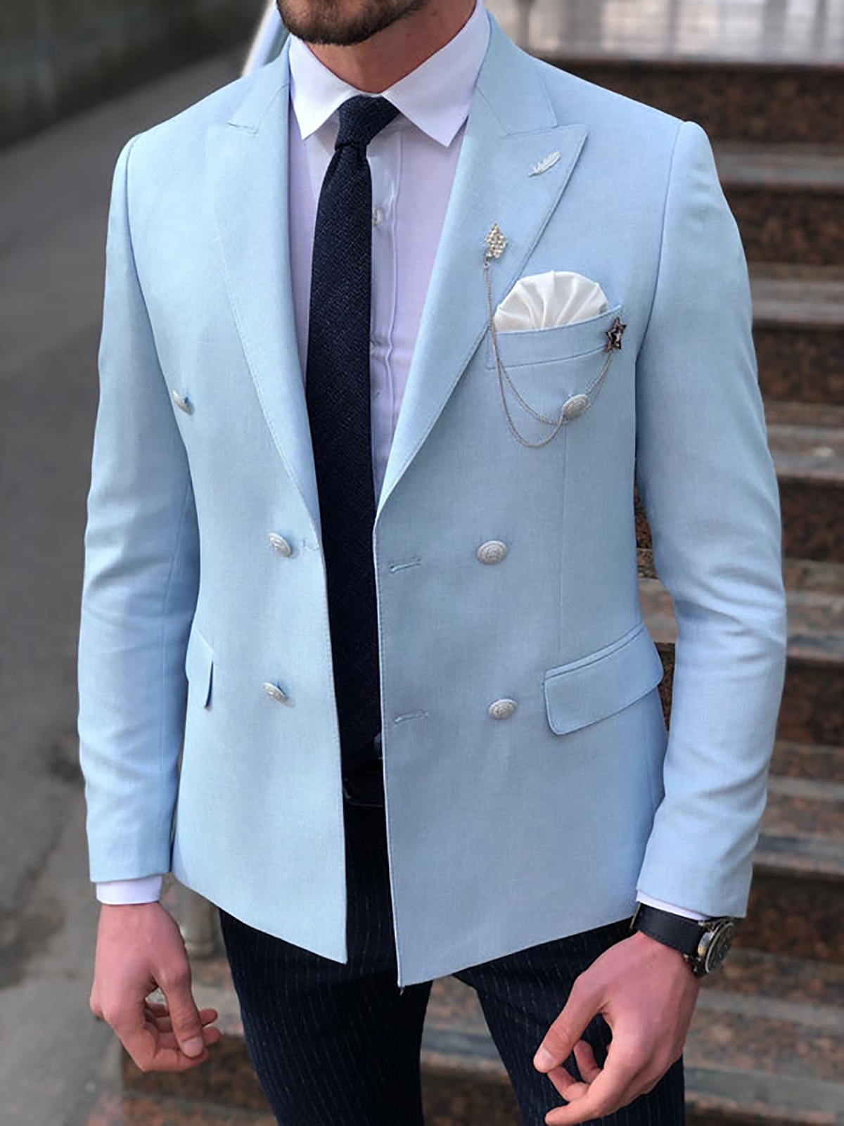 Summer Light Blue Mens Jacket Double Breasted Peaked Lapel Groom Blazer Party Birthday Wear One Piece