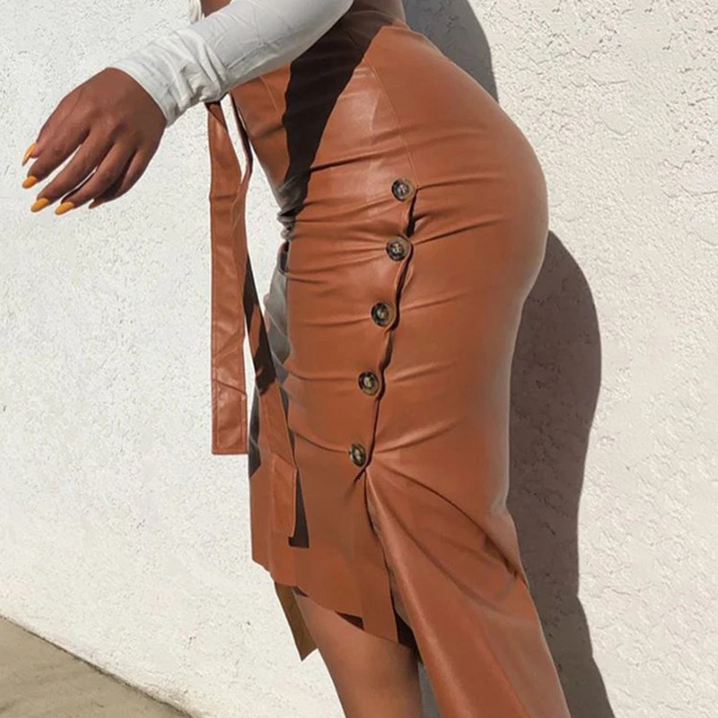 Women Skirt Female Drawstring High Waist Pleated Asymmetrical Outfits Elegant Ladies Solid Bag Hip Clothing PU Leather 240110