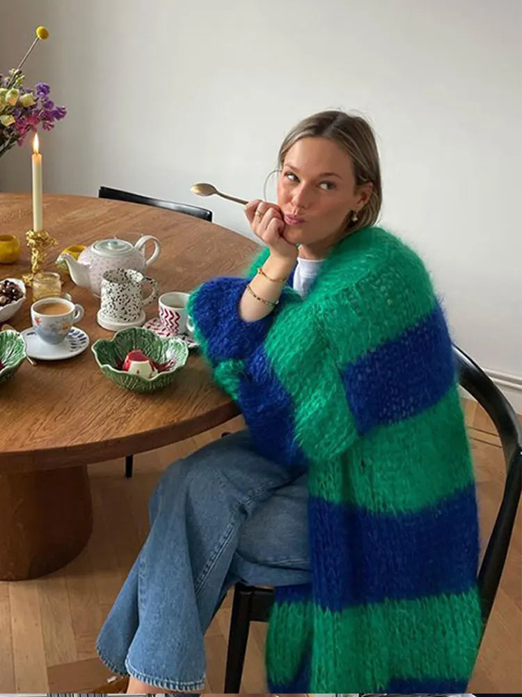 Fashion Stripe Long Cardigan Sweater Women Lantern Long Sleeve Loose Oversize Knitted Coats Autumn Lady Chic Streetwear 240110