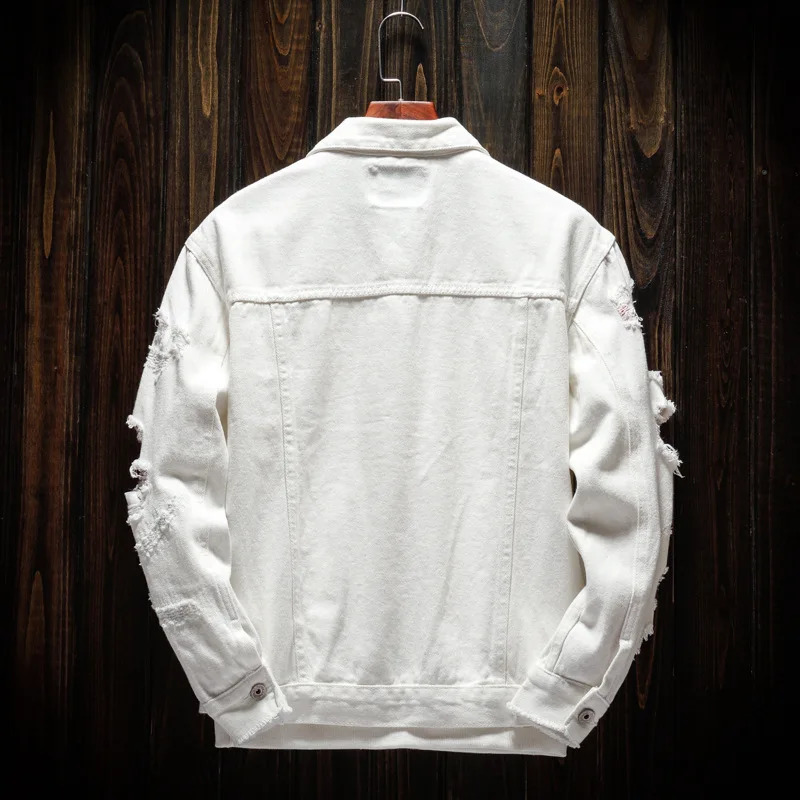 2023 Autumn Men' Jean Jacket Slim Fit Cotton Denim Red White Black Ripped Hole Coats Men Cowboy Outwear AC8 240109