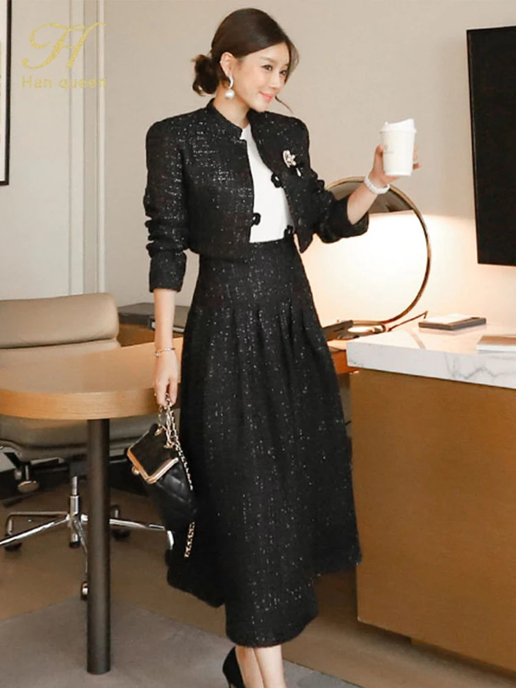H Han Queen Winter Korean Careers Woman 2 Pieces Set Tweed Short Jacket Vintage A-Line Skirt Korean Simple Skirt Suit 240109