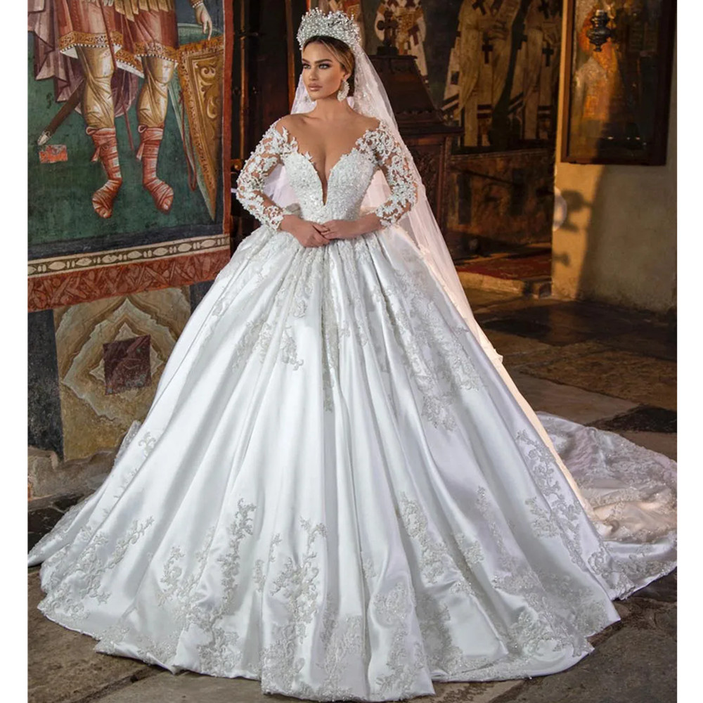 White Deep V-Neck Lace Satin Long Sleeve Wedding Ball Dress Sequin Pearl Beaded Or-Length Train Noble Lady Bridal Gown YD 0218