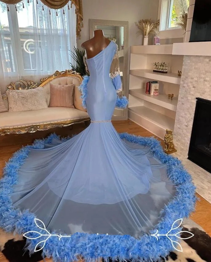 Baby Blue African Prom Dress For Black Girl Sparkly Diamond Crystal Feather Mermaid Long Evening Formal Gown