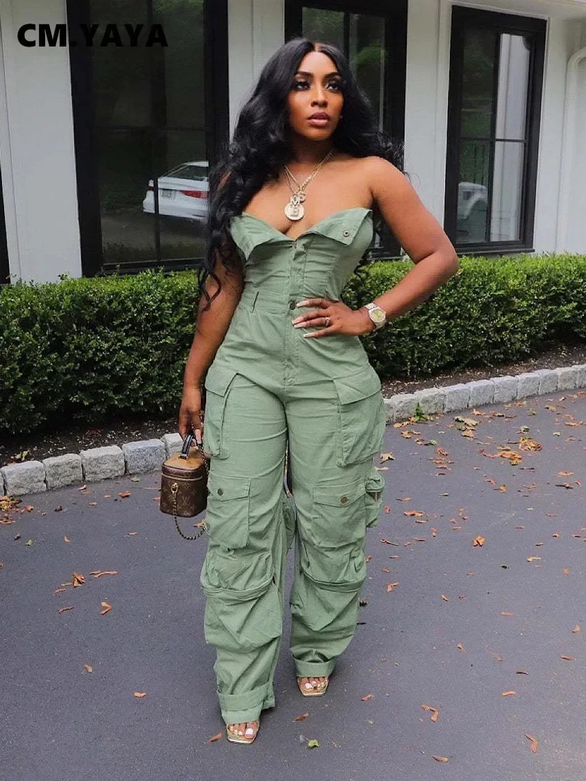 CMYAYA Fashion Women Strapless Button Front Ruched Cargo Jumpsuit Autumn Sexy Party Street Playsuit Suit Romper 240109