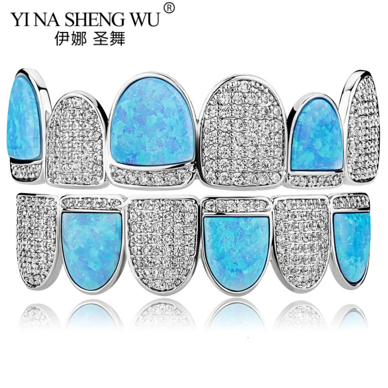 Sky Blue Opal Crystal Teeth For Men Women's Body Jewelry Set Zircon Accessories Hip Hop Dental Grills Piercing Halloween 240109