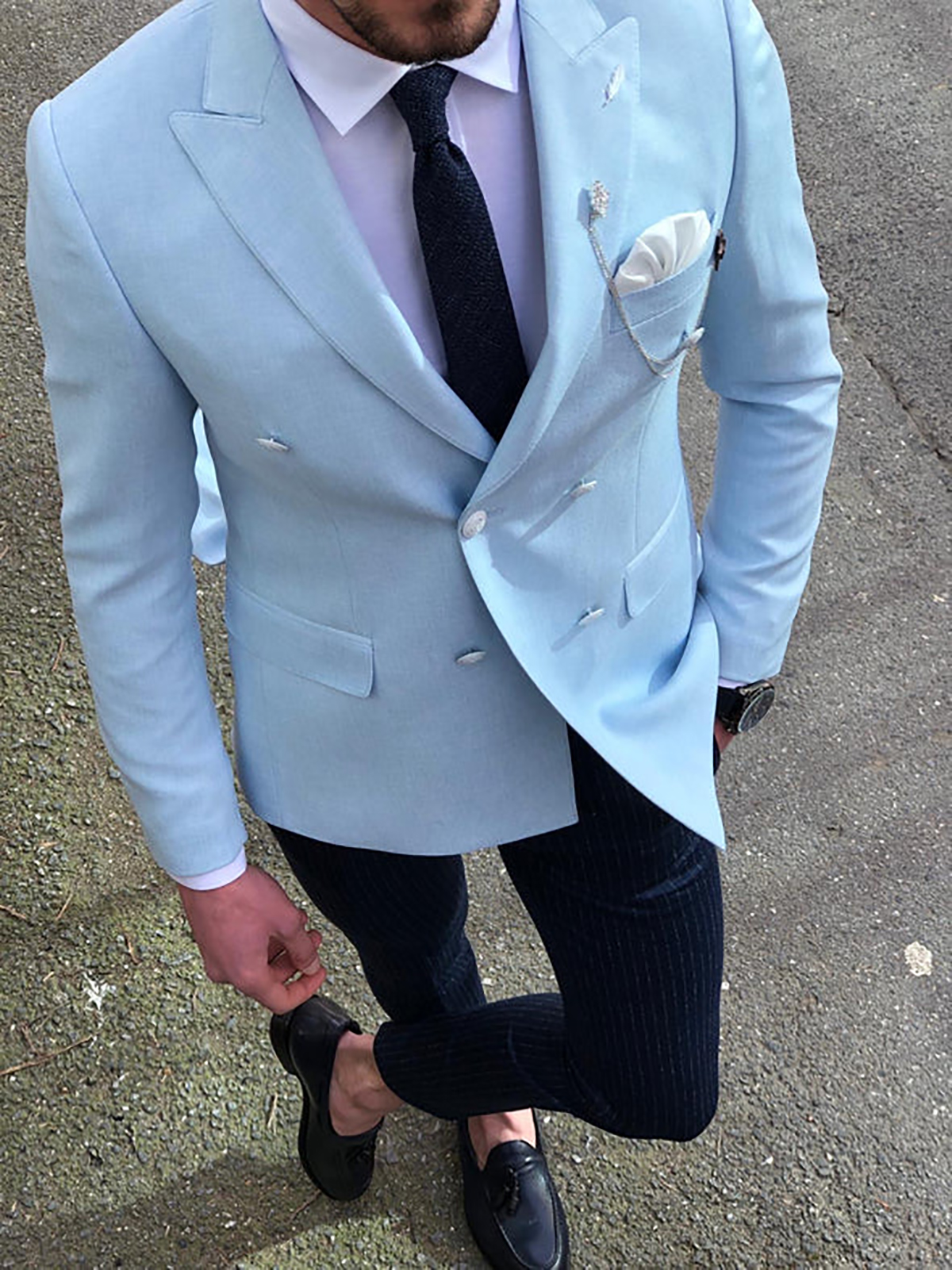 Summer Light Blue Mens Jacket Double Breasted Peaked Lapel Groom Blazer Party Birthday Wear One Piece