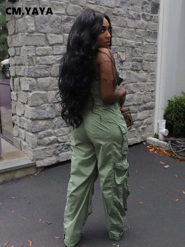 CMYAYA Fashion Women Strapless Button Front Ruched Cargo Jumpsuit Autumn Sexy Party Street Playsuit Suit Romper 240109