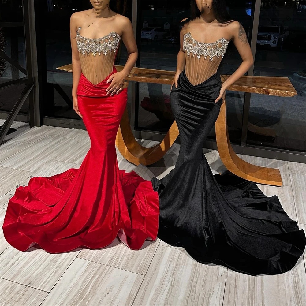 Veet Red Long Prom Dresses For Black Girls Mermaid Birthday Party Dress Strapless Homecoming Gowns