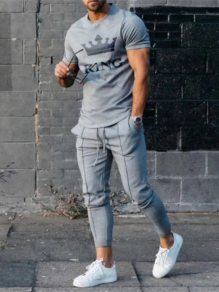 Men's Trousers Tracksuit 2 Piece Set Fashion Sportswear Summer Streetwear Short Sleeve T ShirtLong Pants Male Clothing 240110