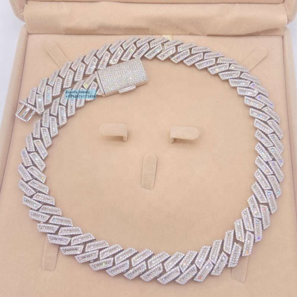 Buss Down 18mm Heavier Big Guy Cuban Jewelry Solid Silver Vvs1 Baguette Moissanite Miami Cuban Chain