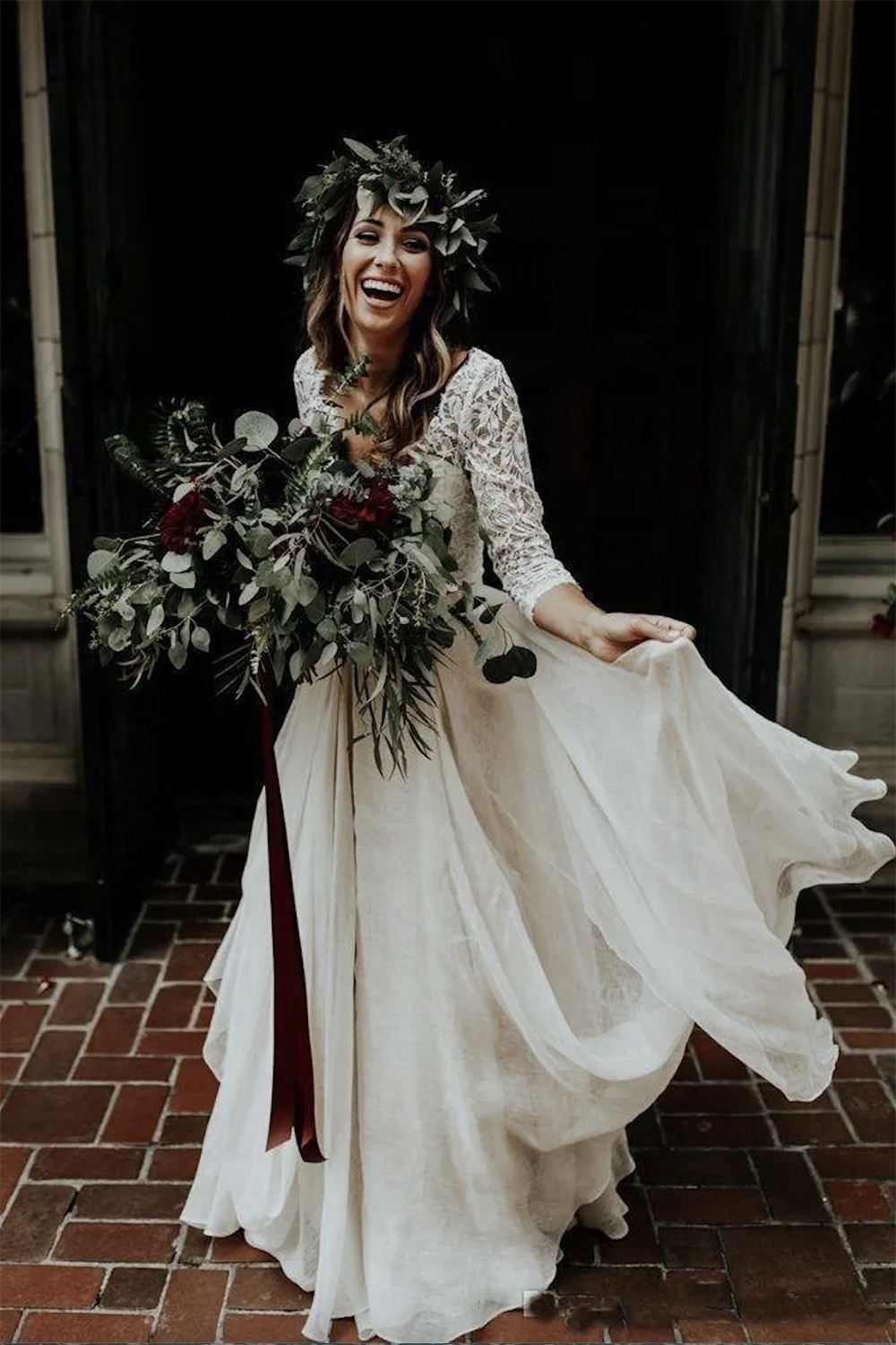 Beautiful Long Sleeve A-Line Two Pieces Beach Country Wedding Gowns Chiffon Ruffles Lace Top Boho Custom Made Bohemian Bridal Gown 0431