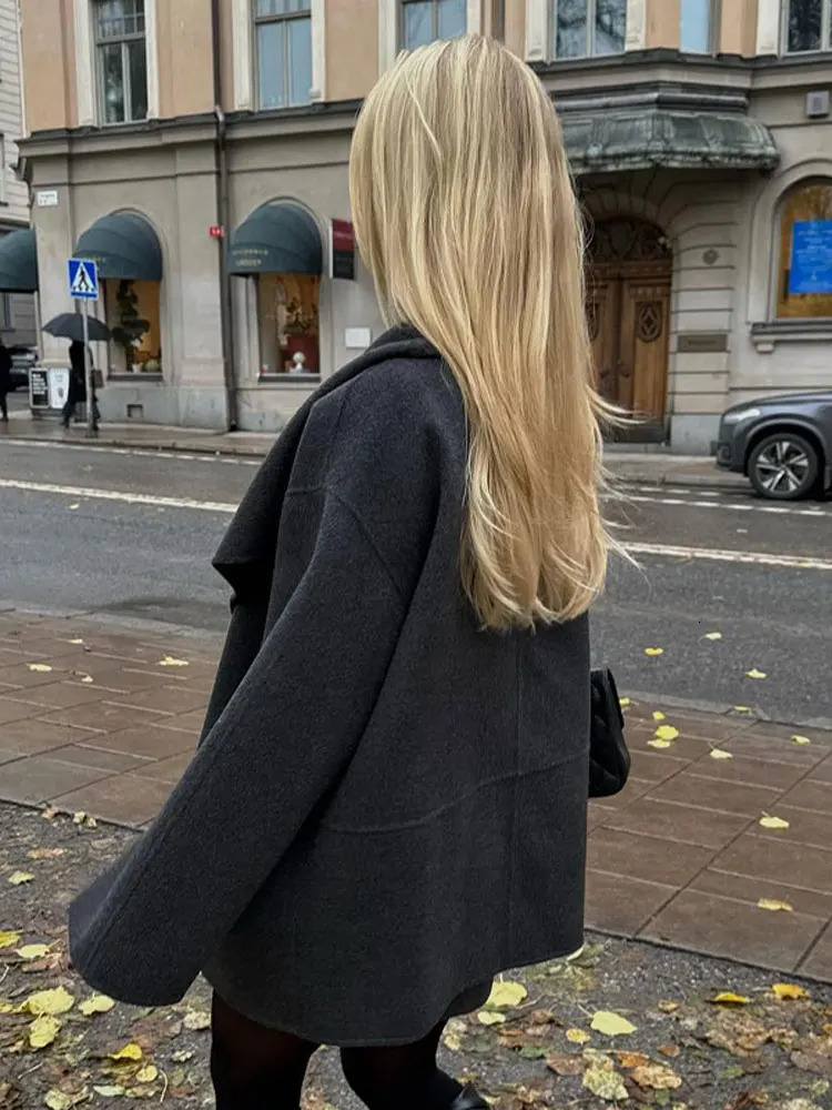 Autumn Fashion Woolen Blends Coats Women Elegant Turndown Collar Long Sleeve Solid Jackets Chic Female Warm Street Overcoat 240110